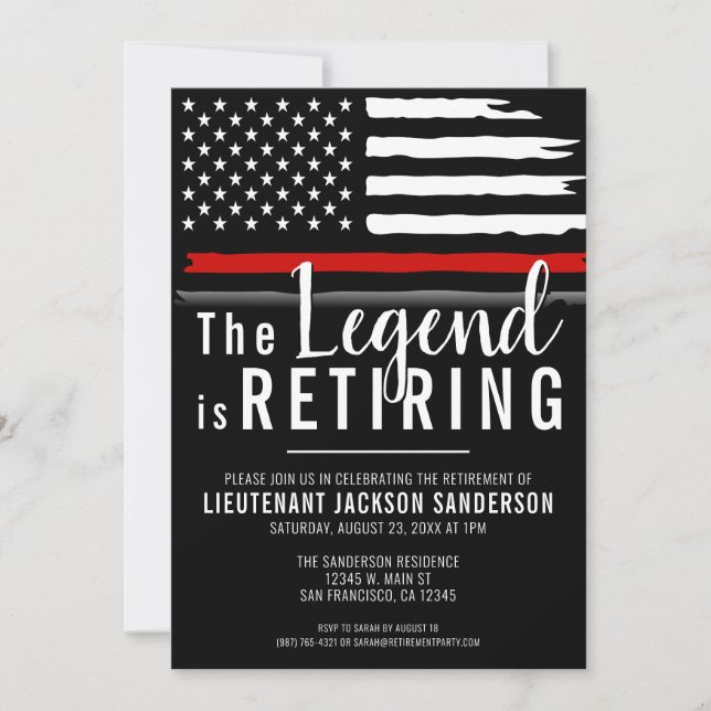 Firefighter Retirement Party Thin Red Line Fireman Invitation (Front)