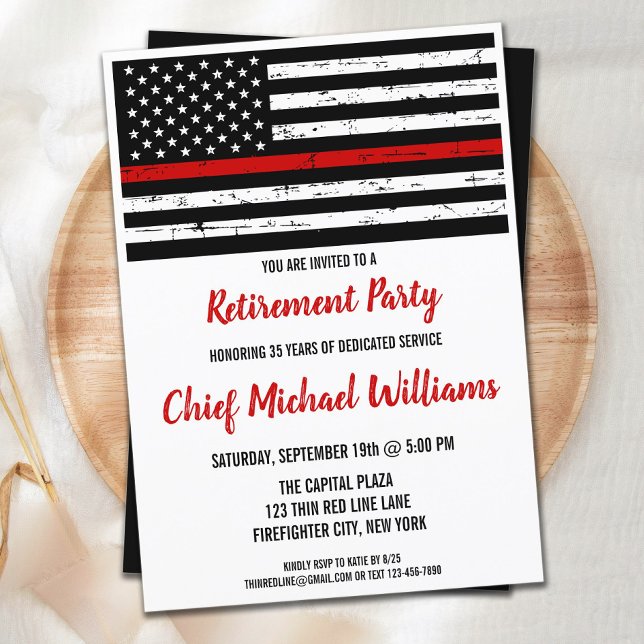 Firefighter Retirement Party Thin Red Line Flag Invitation (Creator Uploaded)