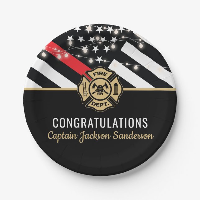 Firefighter Retirement Red Fire Department Flag Paper Plate (Front)