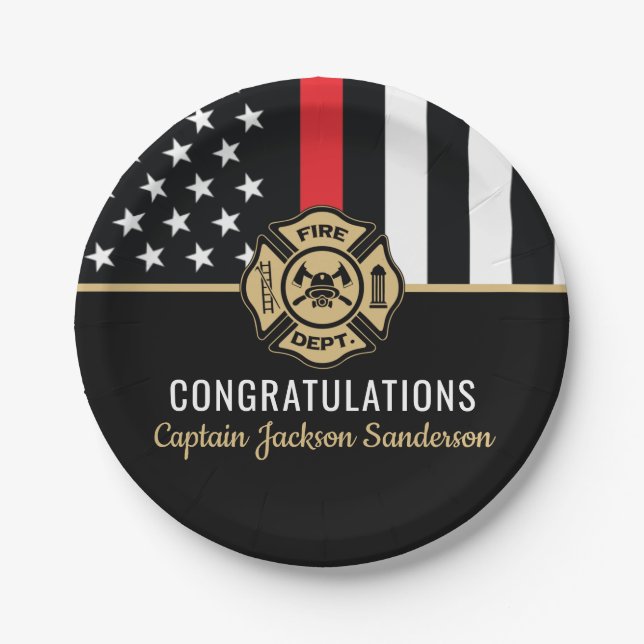 Firefighter Retirement Red Line Fire Flag Congrats Paper Plate (Front)