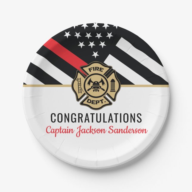 Firefighter Retirement Red Line Flag Congrats Paper Plate (Front)