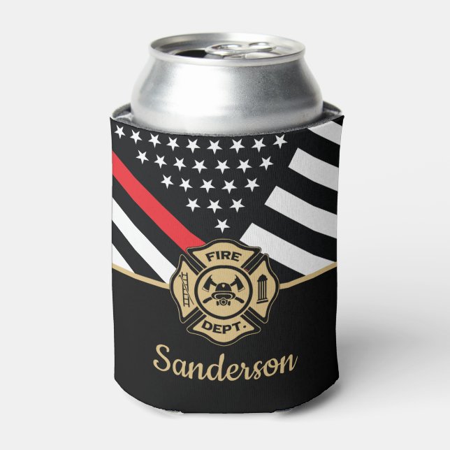 Firefighter Retirement Thin Red Line Flag Congrats Can Cooler (Can Front)