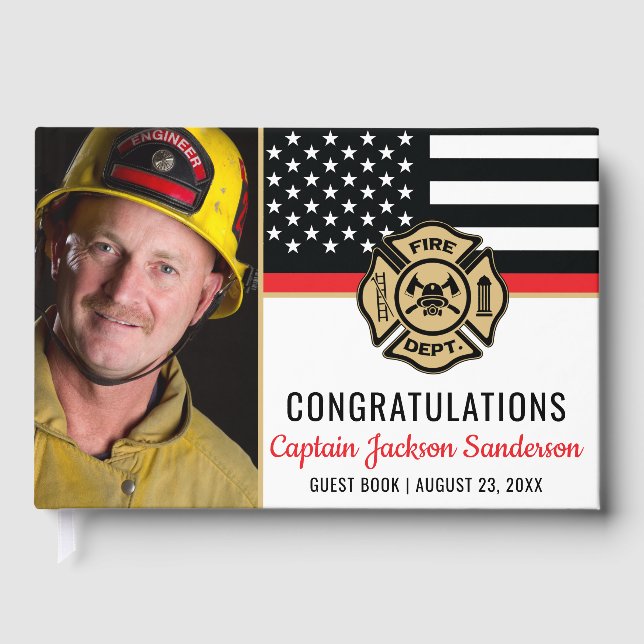 Firefighter Retirement Thin Red Line Flag Photo Guest Book (Front)