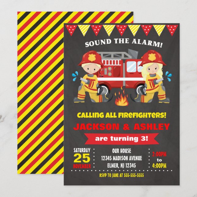 Firefighter Siblings Boy Girl Joint Birthday Invitation (Front/Back)