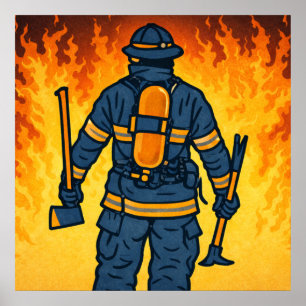 Firefighter Standing Against the Flames Poster