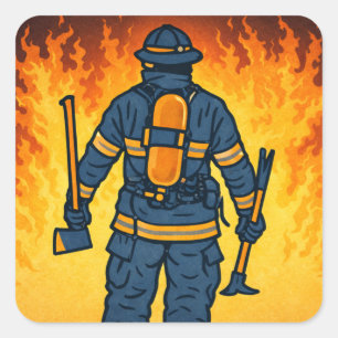 Firefighter Standing Against the Flames Square Sticker