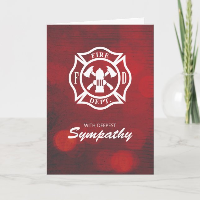 Firefighter Sympathy Emblem on Red Bokeh Card (Front)