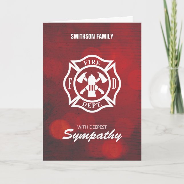 Firefighter Sympathy Emblem on Red Bokeh Card (Front)
