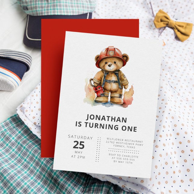 Firefighter Teddy Bear Modern Simple Kids Birthday Invitation (Creator Uploaded)