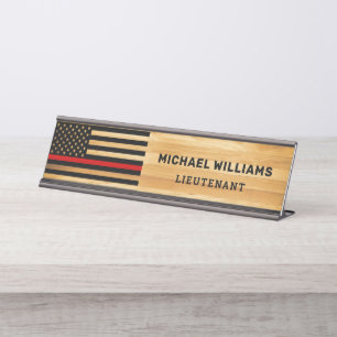 Firefighter Thin Red Line America Flag Rustic Wood Desk Name Plate