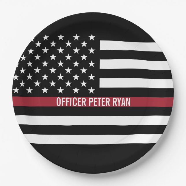 Firefighter Thin Red Line American Flag Add Name Paper Plate (Front)
