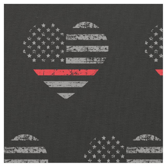 Firefighter Thin Red Line Flag Heart Pattern Fabric (Close Up)