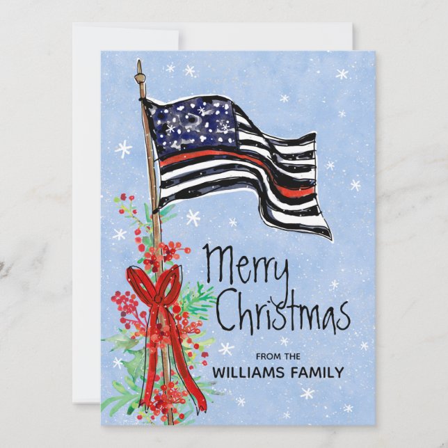 Firefighter Thin Red Line Flag Holly Red Berries Holiday Card (Front)