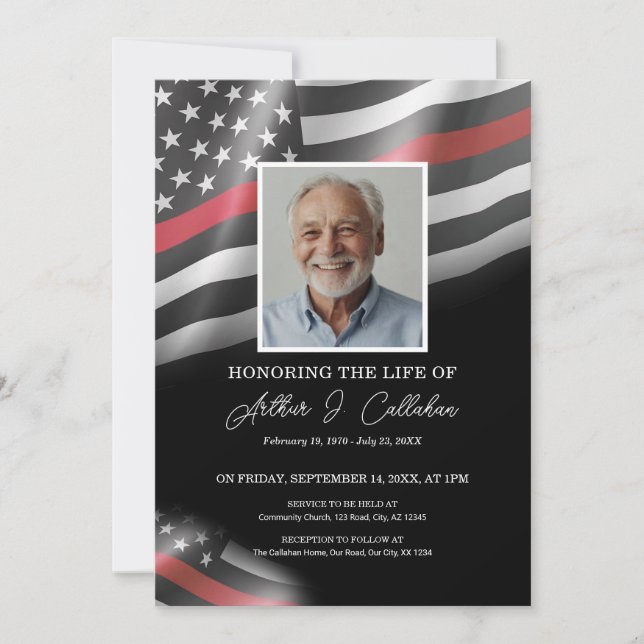 Firefighter Thin Red Line Funeral Memorial Invitation (Front)