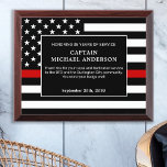 Firefighter Thin Red Line Retirement Anniversary Award Plaque<br><div class="desc">Celebrate and show your appreciation to an outstanding Firefighter with this Thin Red Line Award - American flag design in Firefighter Flag colours , modern black red design. Personalise this firefighter retirement award with fireman name, text with fire department , fire station, name and community, and date of retirement. This...</div>