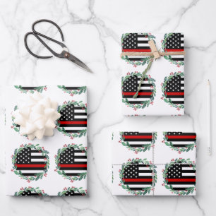 Firefighter Thin Red Line Wreath Merry Christmas Wrapping Paper Sheet