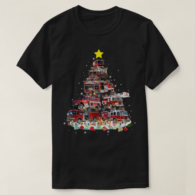 Firefighter Truck Christmas Tree Funny Xmas Pajama T-Shirt (Design Front)