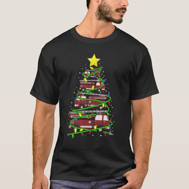 firefighter truck christmas tree pajamas santa cla T-Shirt (Front)