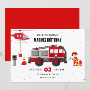 Firefighter truck helicopter birthday invitation
