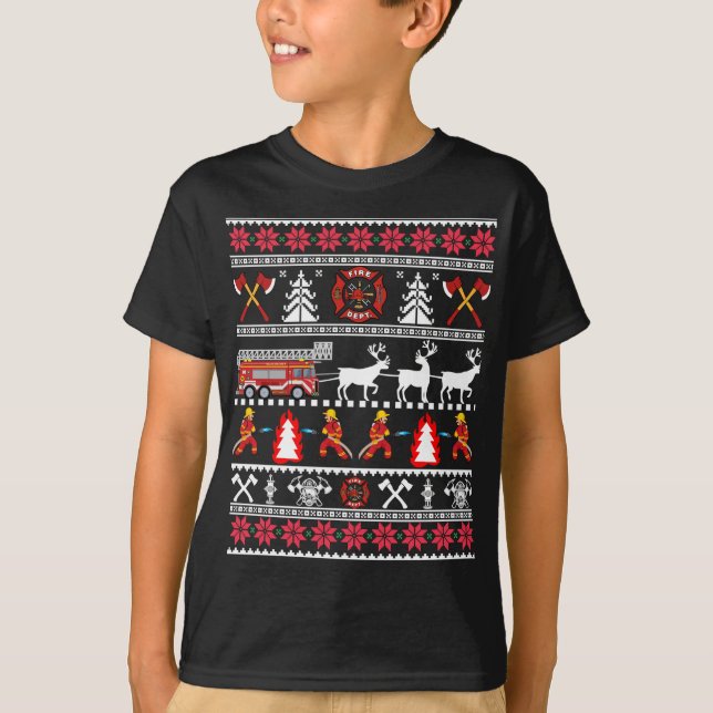Firefighter Ugly Christmas Sweater, Fireman Fire D T-Shirt (Front)