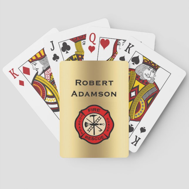 Firefighter with emblem and Personalise name Playing Cards (Back)