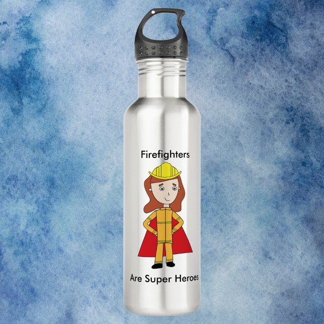 Firefighters Are Super Heroes Female Funny 710 Ml Water Bottle (A water bottle featuring a woman firefighter and the text, "Firefighters Are Super Heroes".)