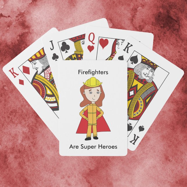 Firefighters Are Super Heroes Female Funny Playing Cards (A deck of playing cards featuring a woman firefighter and the text, "Firefighters Are Super Heroes".)