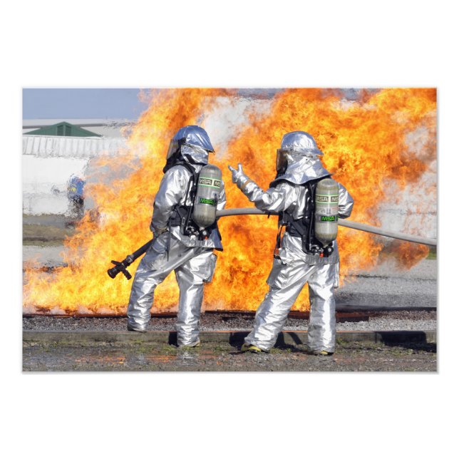 Firefighters battle a simulated fire photo print (Front)