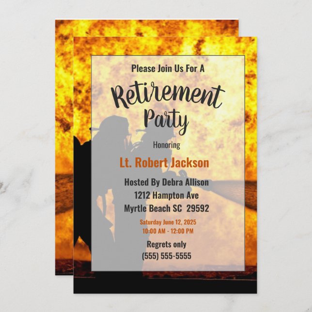 Firefighters/Fire Chief Flames Retirement Party    Invitation (Front/Back)