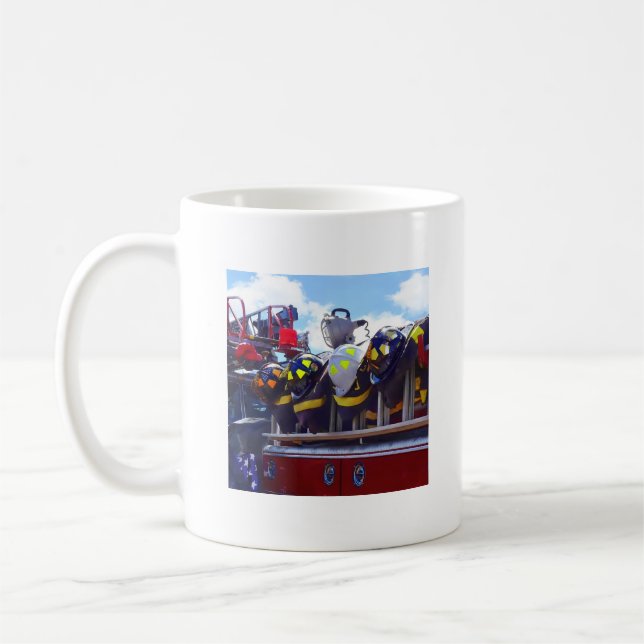 Firefighters - Helmet on Fire Truck Coffee Mug (Left)