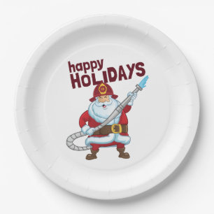Firefighting Christmas Santa Claus Firefighter Paper Plate