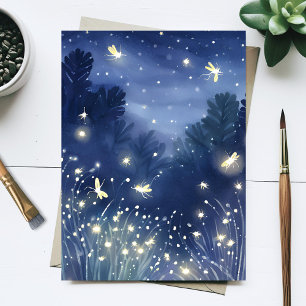 Fireflies at Night   Firefly Blue Watercolor Postcard