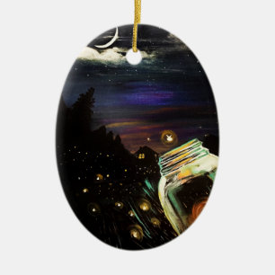 Fireflies Mason Jar Moonlit Cottage Woodland Scene Ceramic Tree Decoration