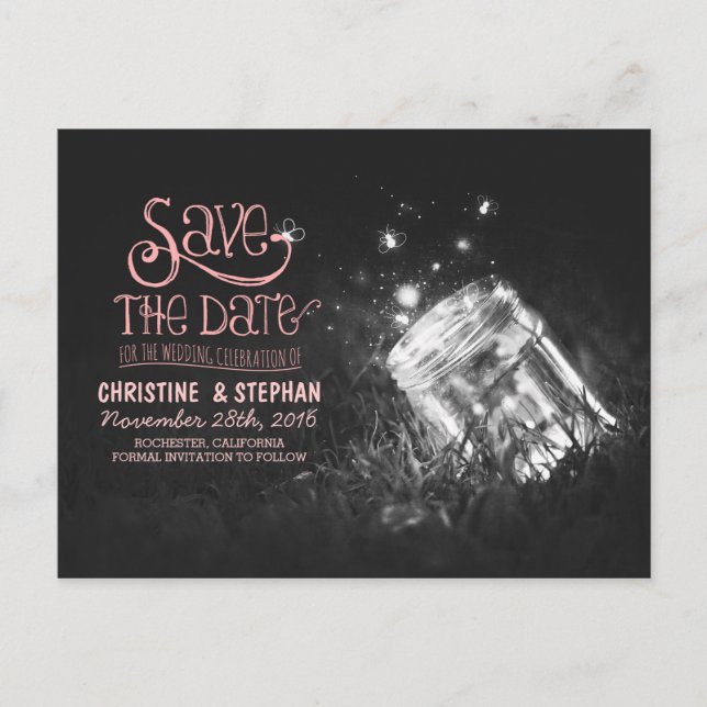 fireflies mason jar rustic romantic save the date announcement postcard (Front)