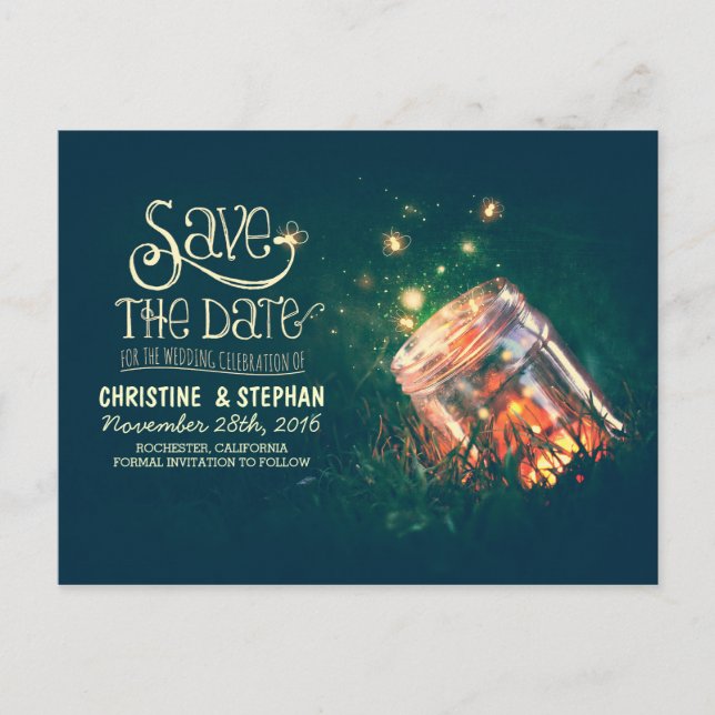 fireflies mason jar rustic romantic save the date announcement postcard (Front)