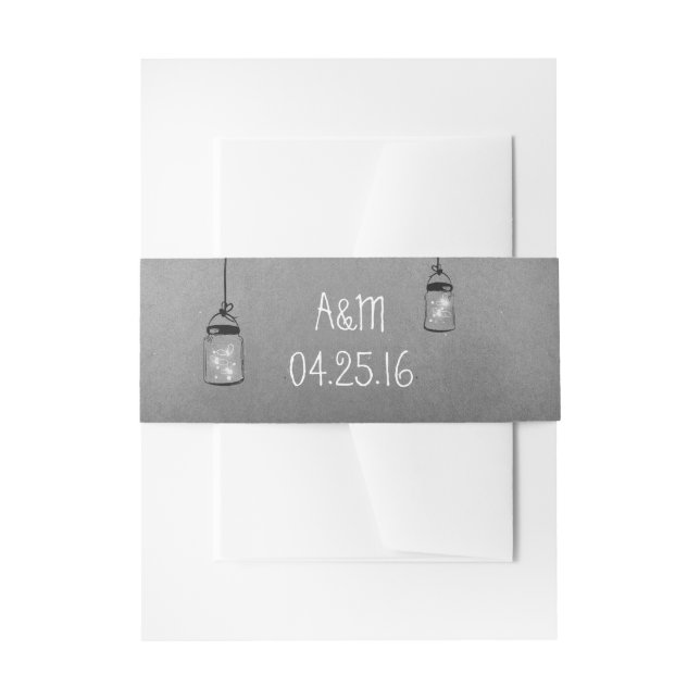 Fireflies Mason Jars Rustic Grey Wedding Invitation Belly Band (Front Example)