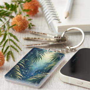Firefly-dotted palm leaves, moonlight, watercolor key ring