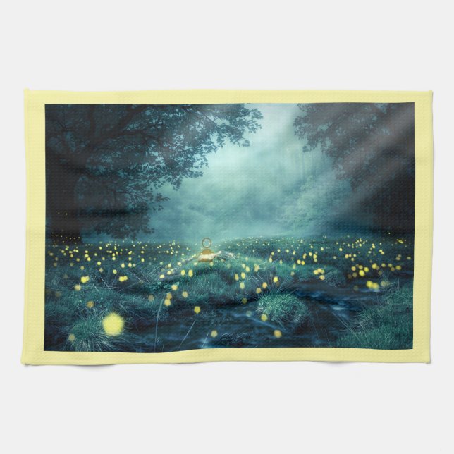 Firefly forest lightning bug woodland illustration tea towel (Horizontal)