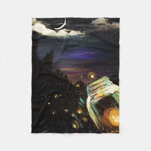Firefly Mason Jar Moonlit Cottage Night Scene Fleece Blanket