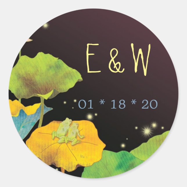 Firefly Night Frog Couple Wedding Monograms Classic Round Sticker (Front)