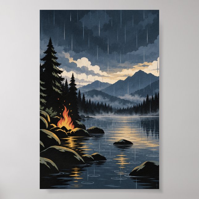 Firelight & Rain | Modern Nature Poster (Front)