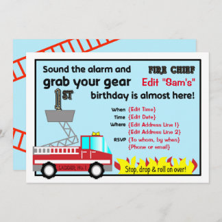 Fireman 1st birthday party invitations Firefighter