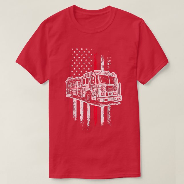 Fireman American Flag Firefighter Fire Truck  T-Shirt (Design Front)
