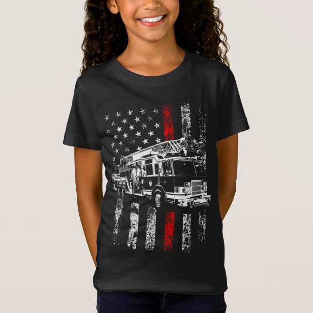 Fireman American Flag Thin Red Line Firefighter T-Shirt (Front)