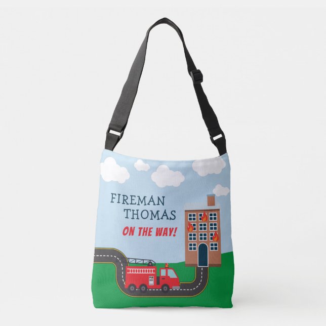 Fireman and Fire Truck with First Name Little Boy Crossbody Bag (Front)