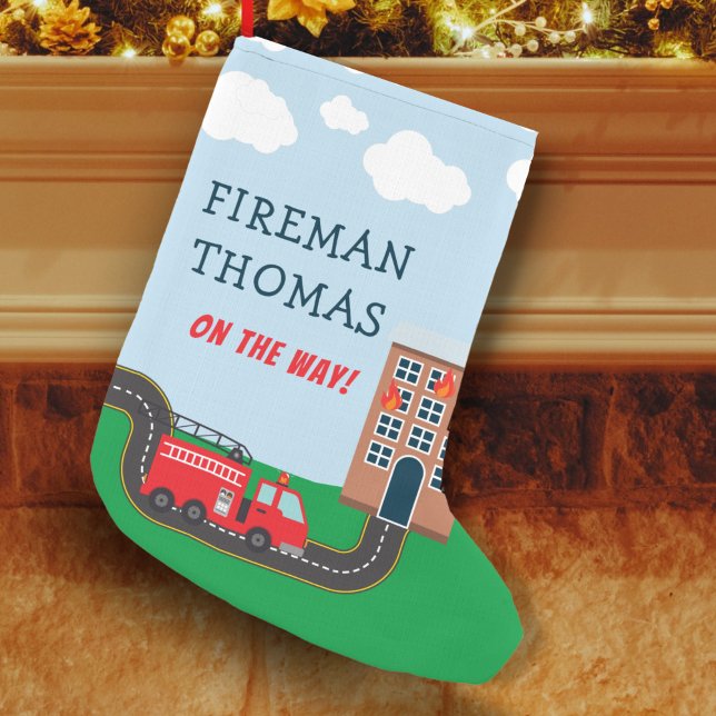 Fireman and Fire Truck with First Name Little Boy Small Christmas Stocking (Creator Uploaded)