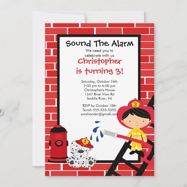 Fireman Boy Firetruck Birthday Party Invitation (Front)