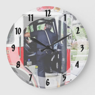 Fireman Climbing into Fire Truck Large Clock