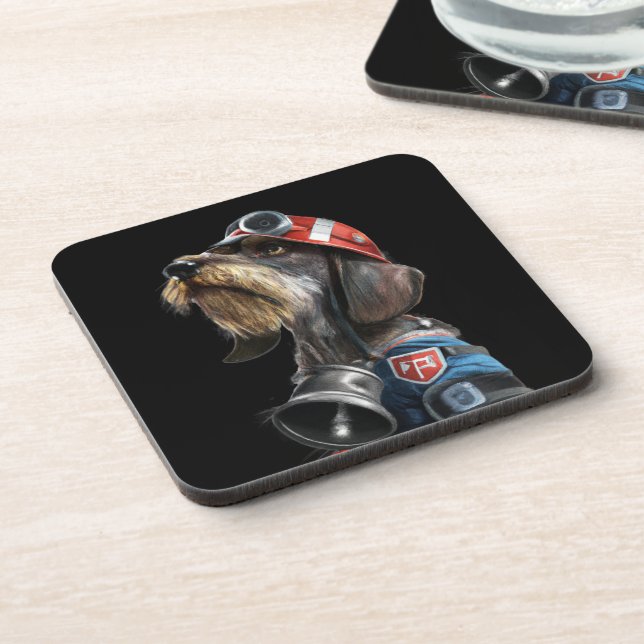 Fireman Fire Chief Wire-Hair Dachshund Dog Coaster (Left Side)
