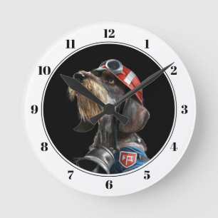 Fireman Fire Chief Wire-Hair Dachshund Dog Round C Clock